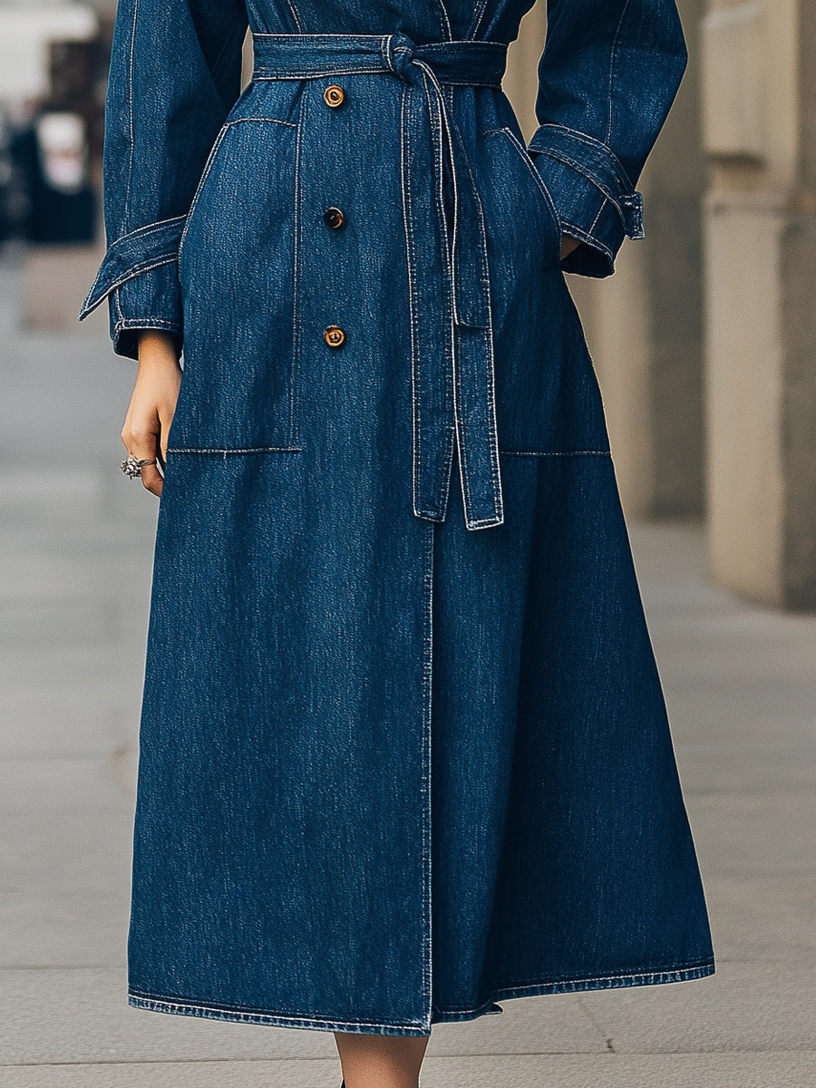 Elena | Double-Breasted Denim Trench Coat - Elle & Milo