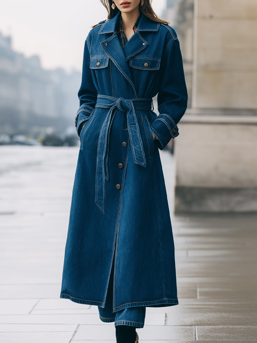 Elena | Longline Denim Trench Coat with Belt - Elle & Milo