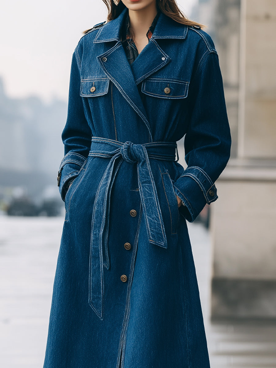 Elena | Longline Denim Trench Coat with Belt - Elle & Milo
