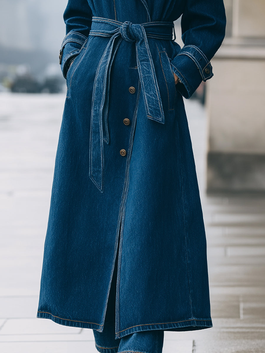 Elena | Longline Denim Trench Coat with Belt - Elle & Milo